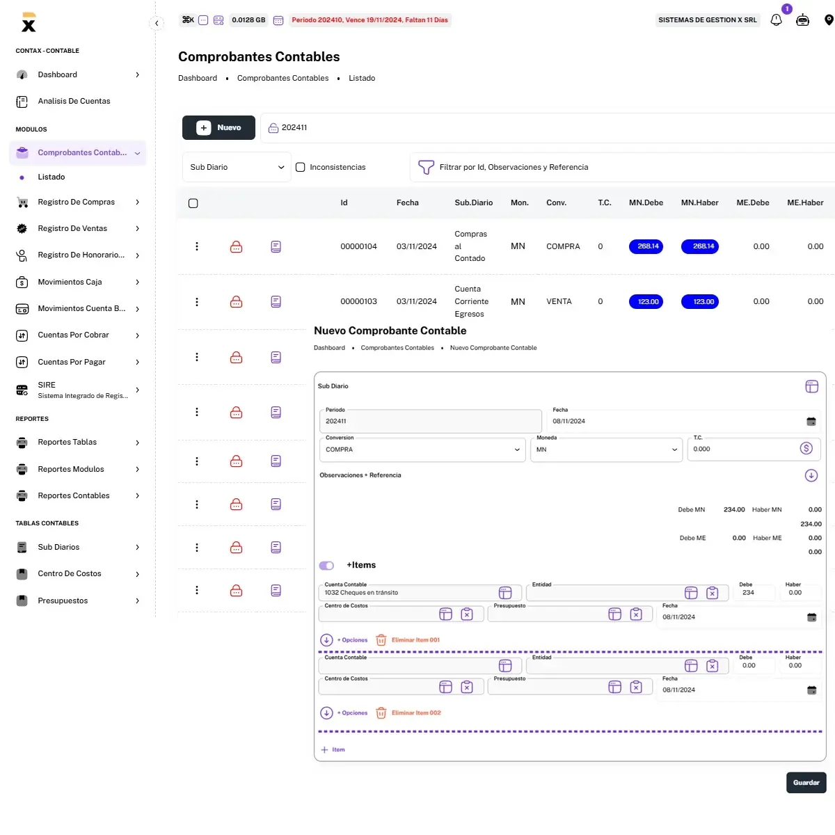 Dashboard del software contable CONTAX mostrando reportes y comprobantes